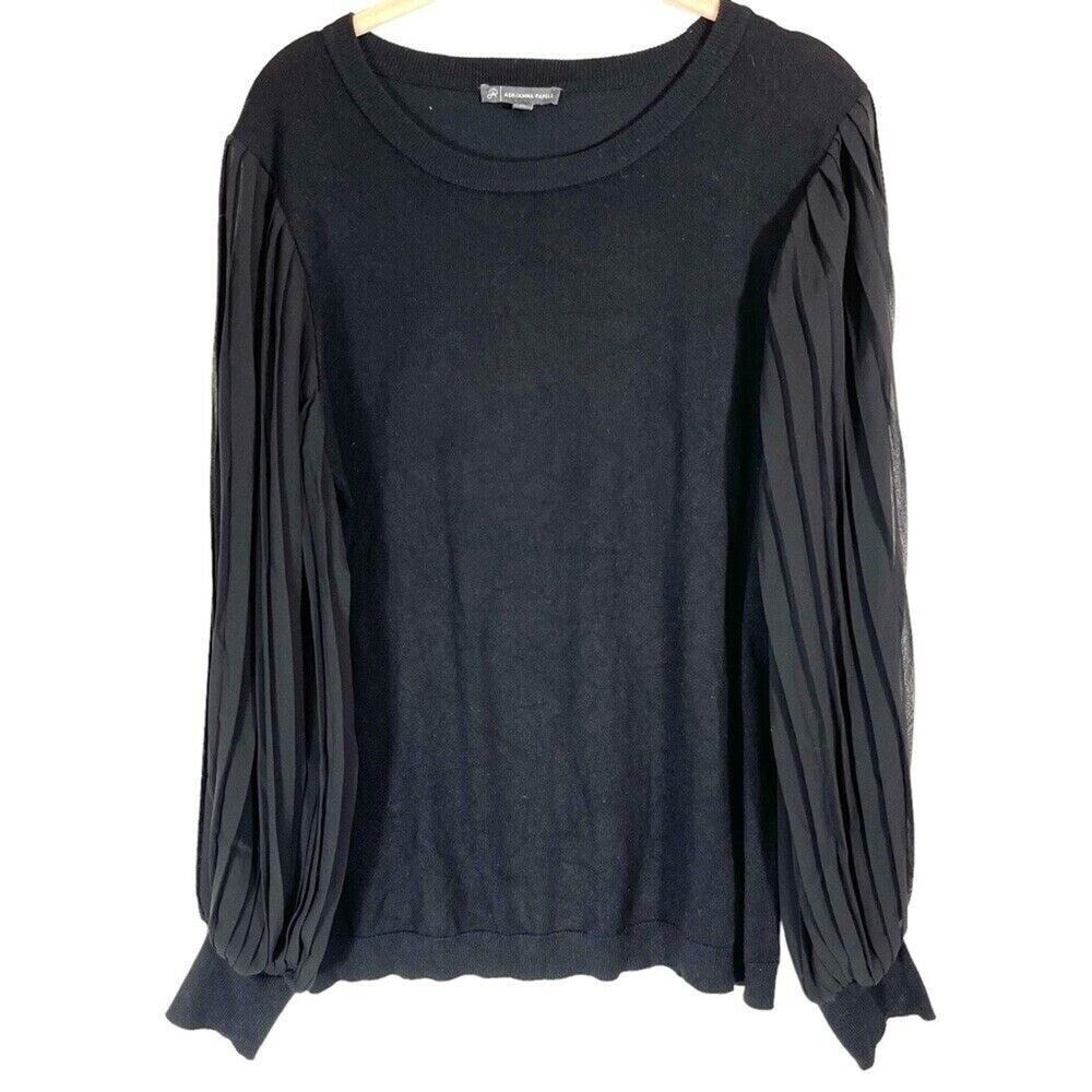 Adrianna Papell Womans Med Black Sweater Sheer Pleated Balloon Sleeve Witchy